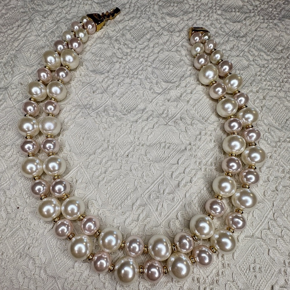 Vintage NAPIER Double Strand Pink & White FAUX PEARL Necklace Choker Gold Tone